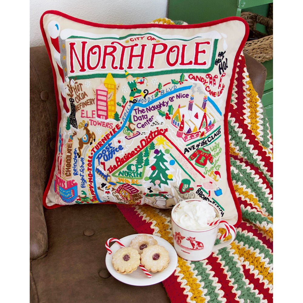 North Pole City Hand - Embroidered Pillow by Cat Studio Pillows La Vie Bien North Pole City Hand - Embroidered Pillow by Cat Studio