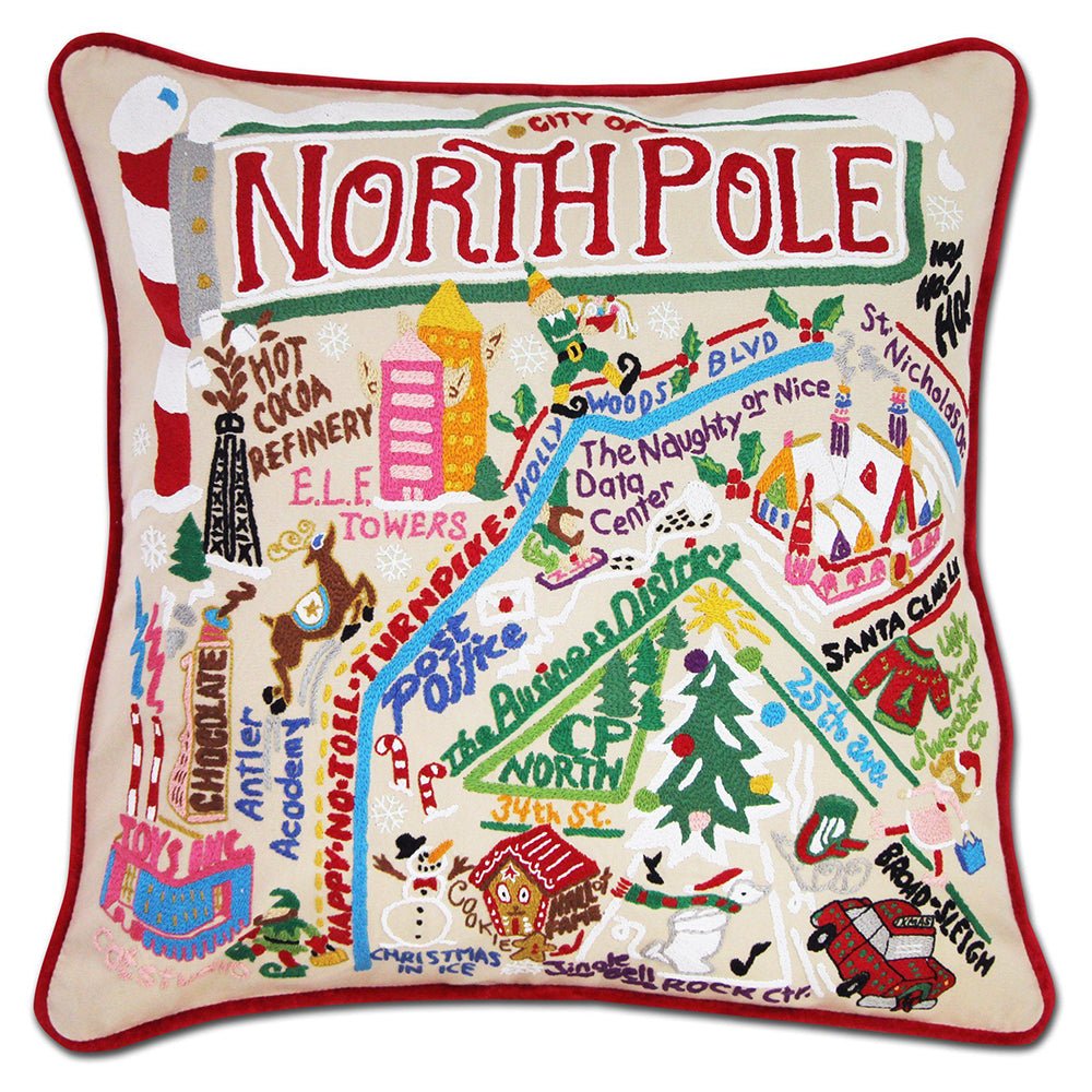 North Pole City Hand - Embroidered Pillow by Cat Studio Pillows La Vie Bien North Pole City Hand - Embroidered Pillow by Cat Studio