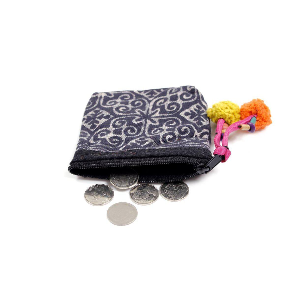 Oasis Batik Coin Purse with Pom Poms - Thailand Bags La Vie Bien Oasis Batik Coin Purse with Pom Poms - Thailand