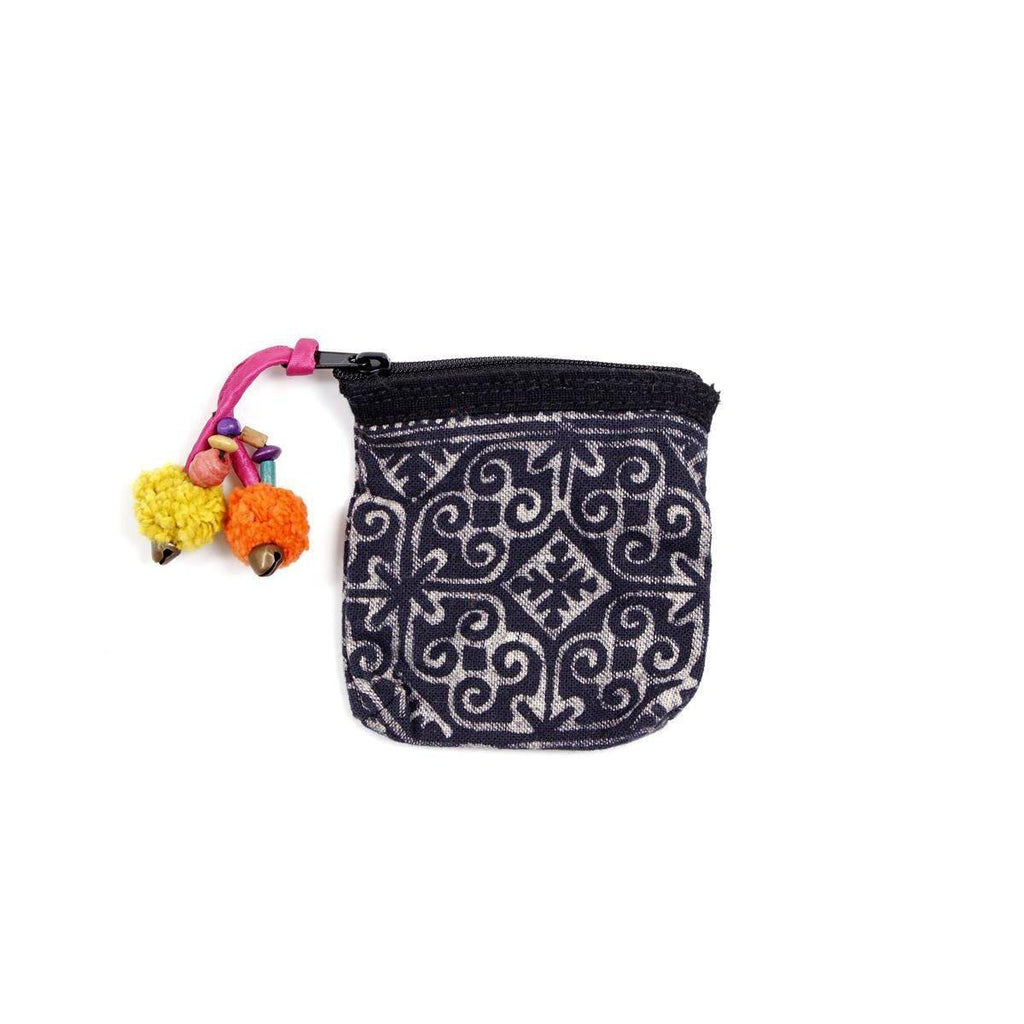 Oasis Batik Coin Purse with Pom Poms - Thailand Bags La Vie Bien Oasis Batik Coin Purse with Pom Poms - Thailand