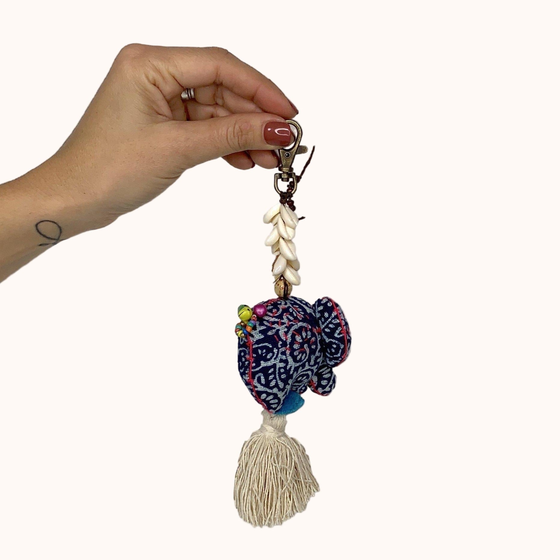 Oasis Batik Elephant Keychain with Shells and Tassel | Handmade Zipper Pull | Thailand Zipper Pulls La Vie Bien Oasis Batik Elephant Keychain with Shells and Tassel | Handmade Zipper Pull | Thailand
