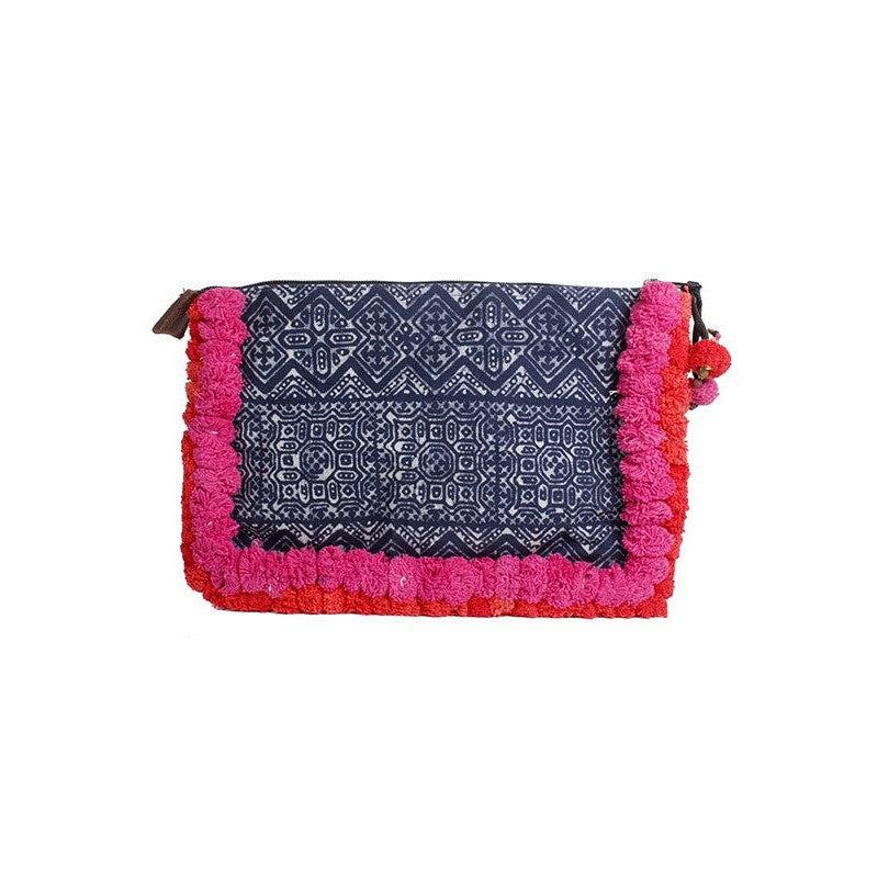Oasis Batik PomPom iPad Clutch - Thailand Bags La Vie Bien Oasis Batik PomPom iPad Clutch - Thailand