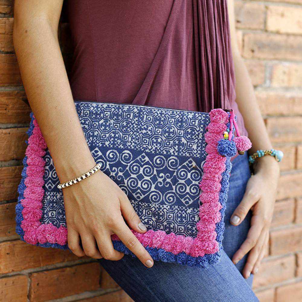 Oasis Batik PomPom iPad Clutch - Thailand Bags La Vie Bien Oasis Batik PomPom iPad Clutch - Thailand