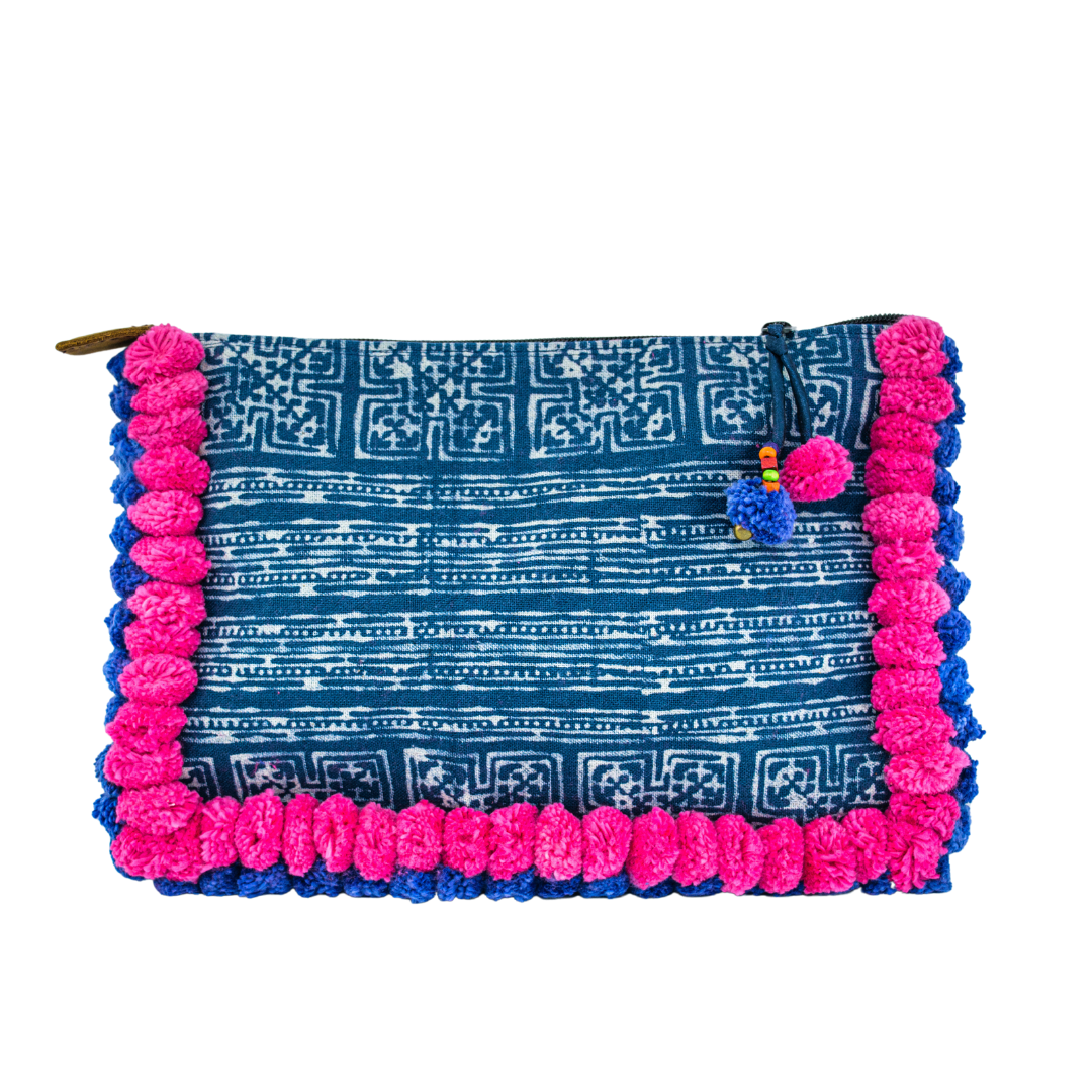 Oasis Batik PomPom iPad Clutch - Thailand Bags La Vie Bien Oasis Batik PomPom iPad Clutch - Thailand
