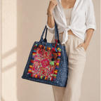 Oasis Hmong Batik PomPom Flower Beach Tote - Thailand Bags La Vie Bien Oasis Hmong Batik PomPom Flower Beach Tote - Thailand