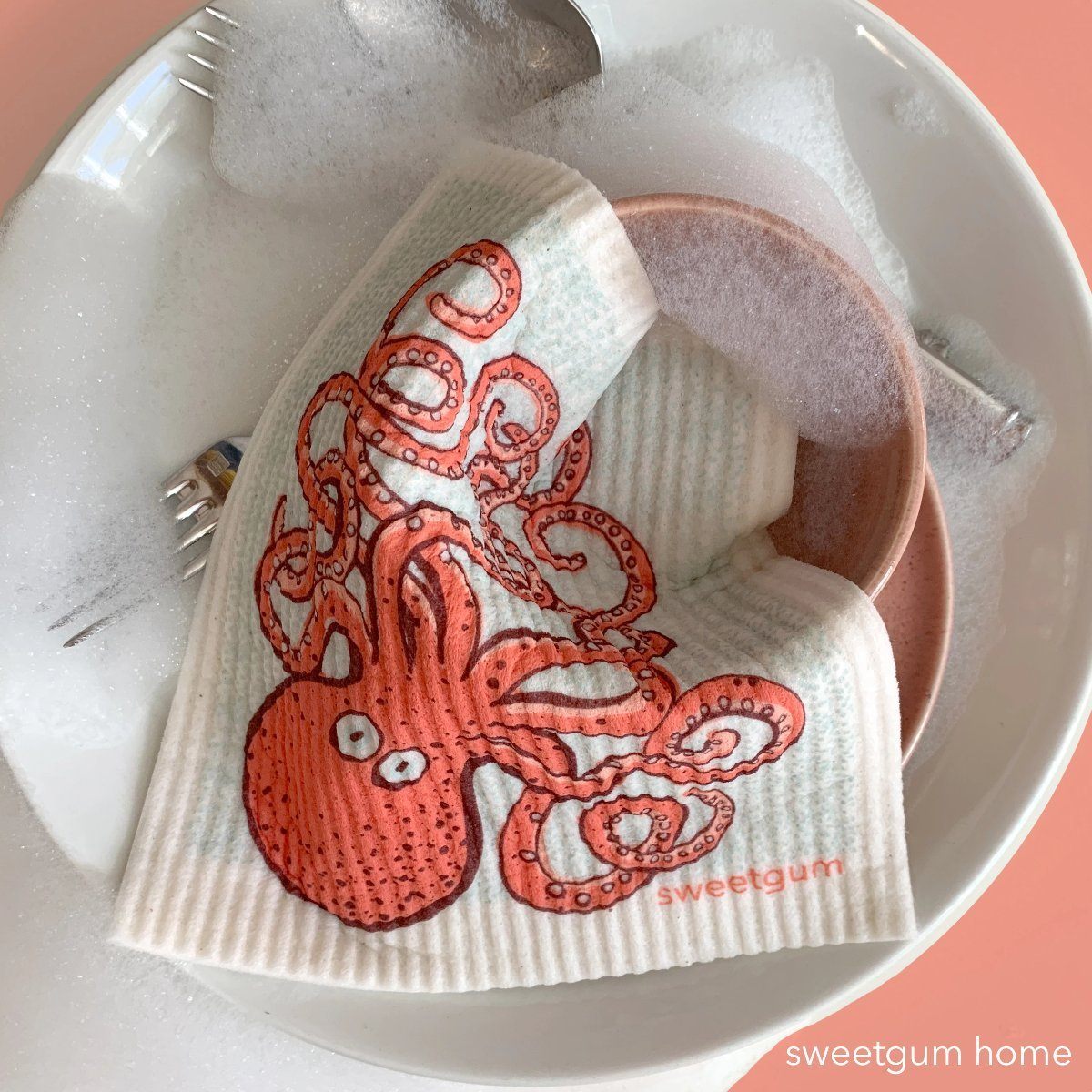 Octopus Swedish Dishcloth | Pink / Coral Swedish Dishcloths La Vie Bien Octopus Swedish Dishcloth | Pink / Coral
