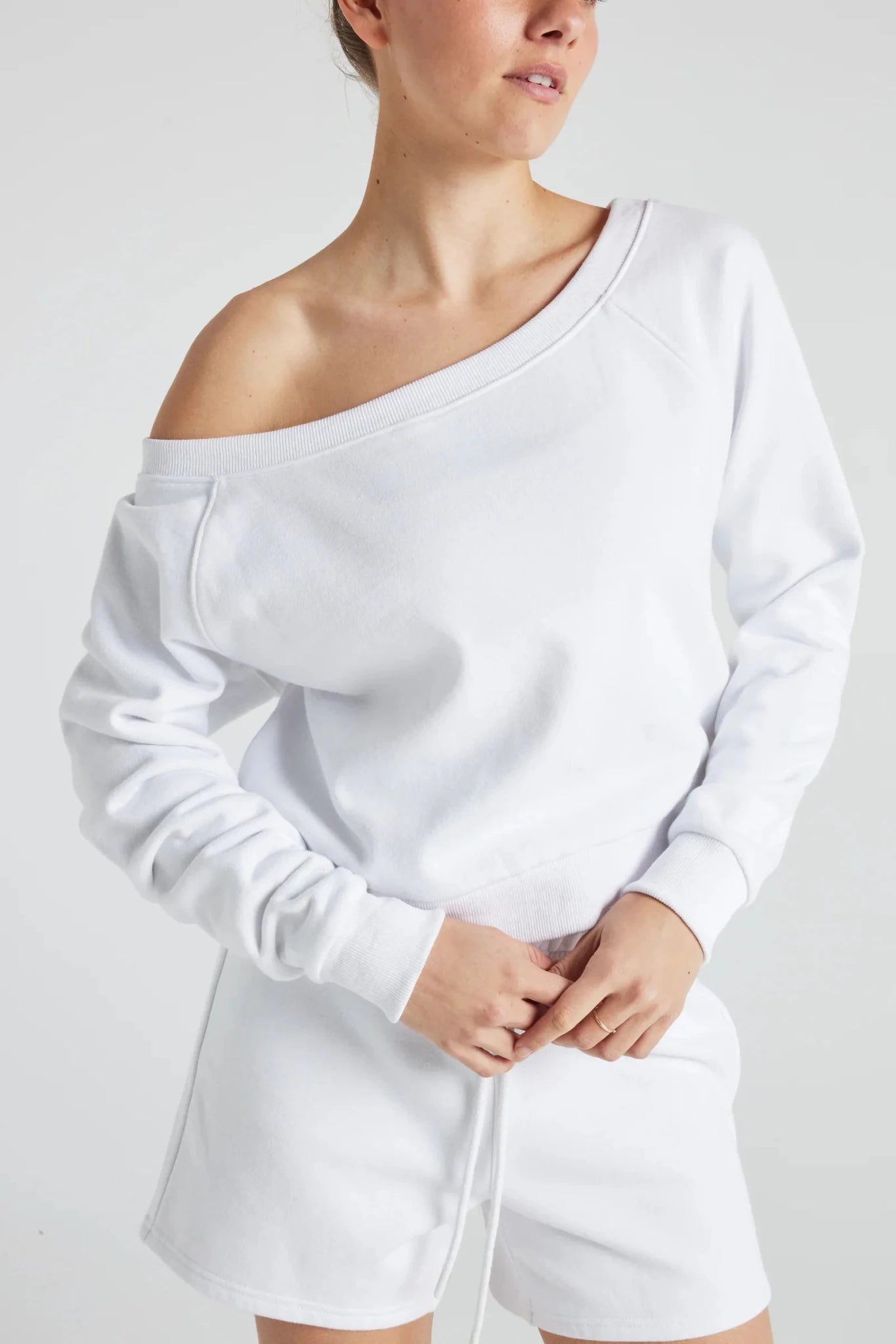 Off Shoulder Sweatshirt in White Clothing La Vie Bien Off Shoulder Sweatshirt in White