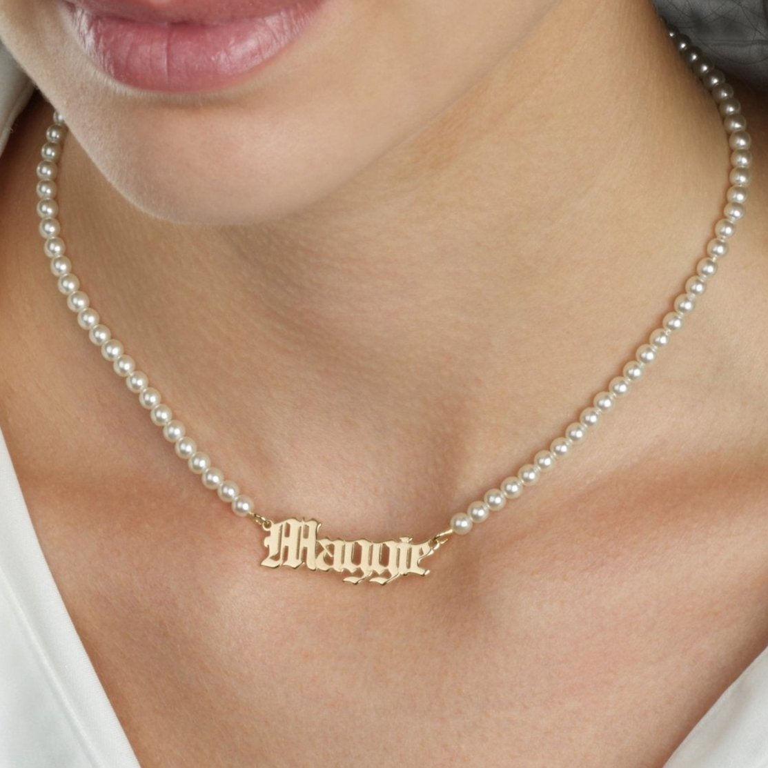 Old English Full Pearls Name Necklace La Vie Bien Old English Full Pearls Name Necklace