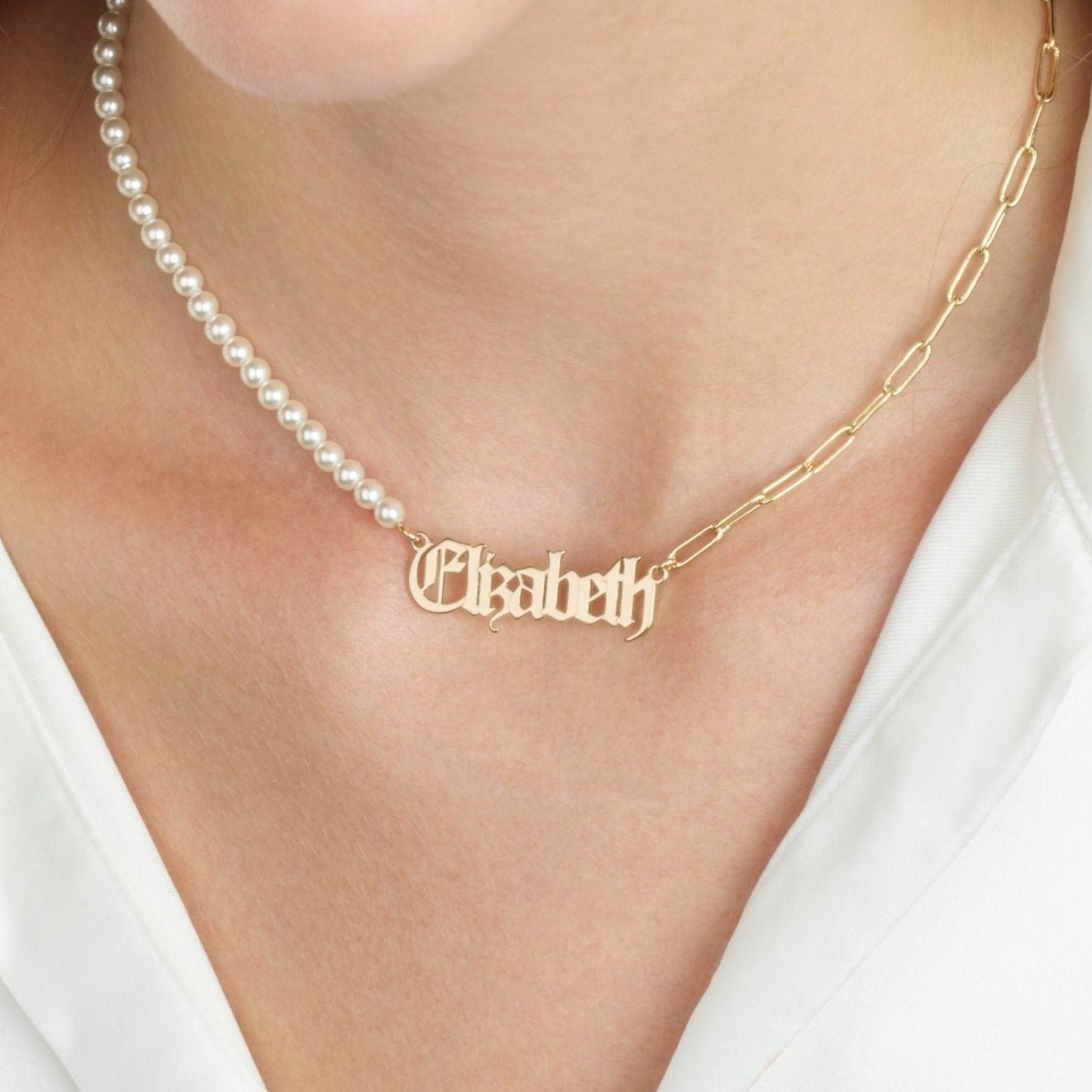 Old English Half Pearls Half Paperclip Name Necklace La Vie Bien Old English Half Pearls Half Paperclip Name Necklace