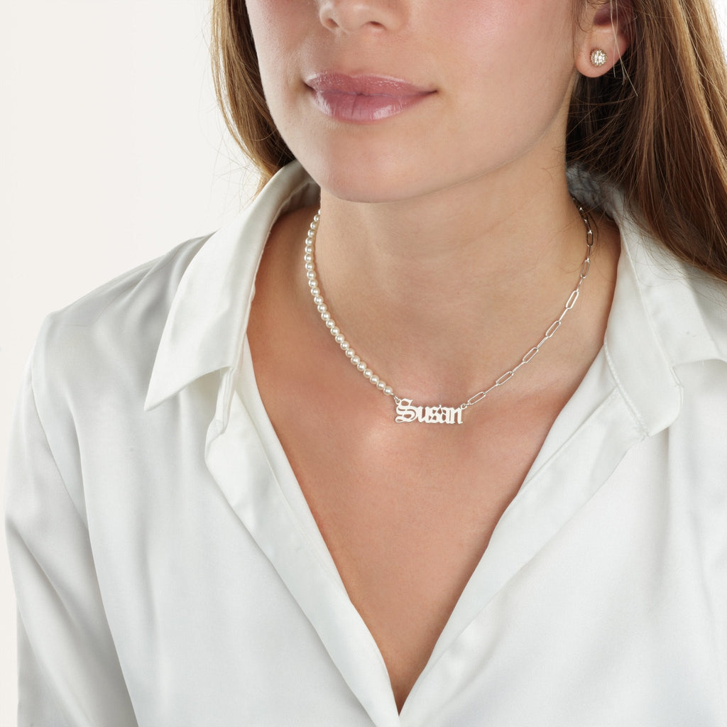 Old English Half Pearls Half Paperclip Name Necklace La Vie Bien Old English Half Pearls Half Paperclip Name Necklace