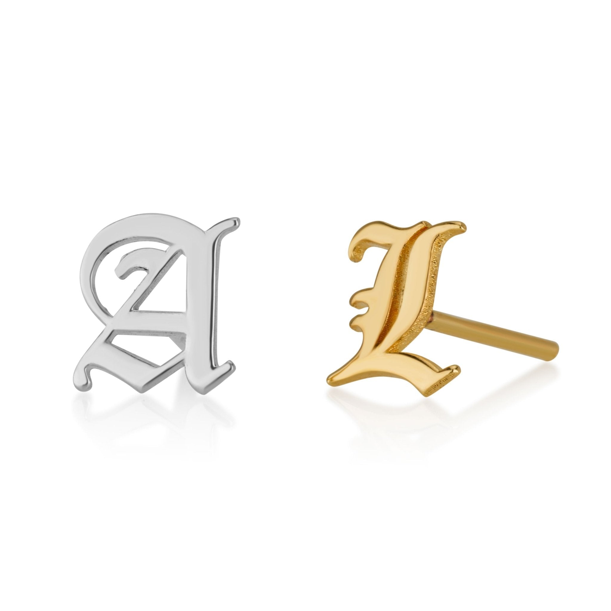 Old English Initial Stud Earrings La Vie Bien Old English Initial Stud Earrings