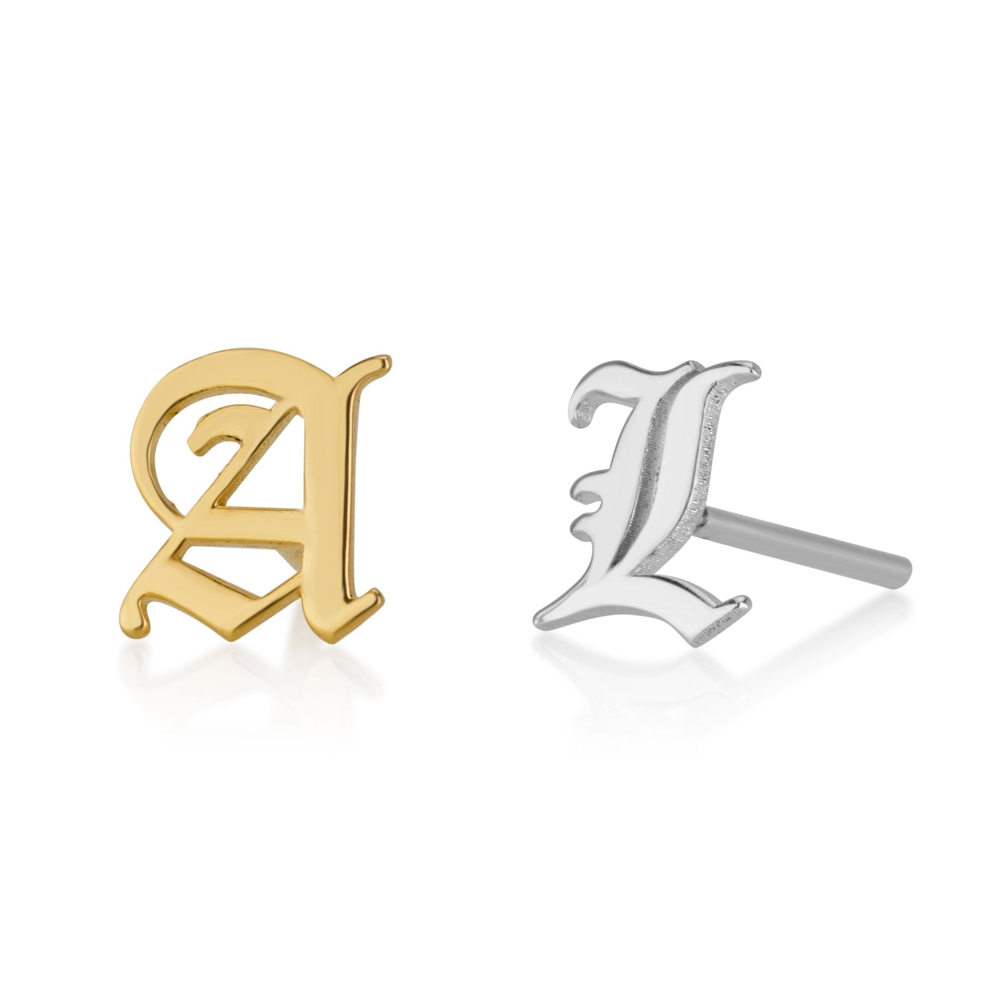 Old English Initial Stud Earrings La Vie Bien Old English Initial Stud Earrings