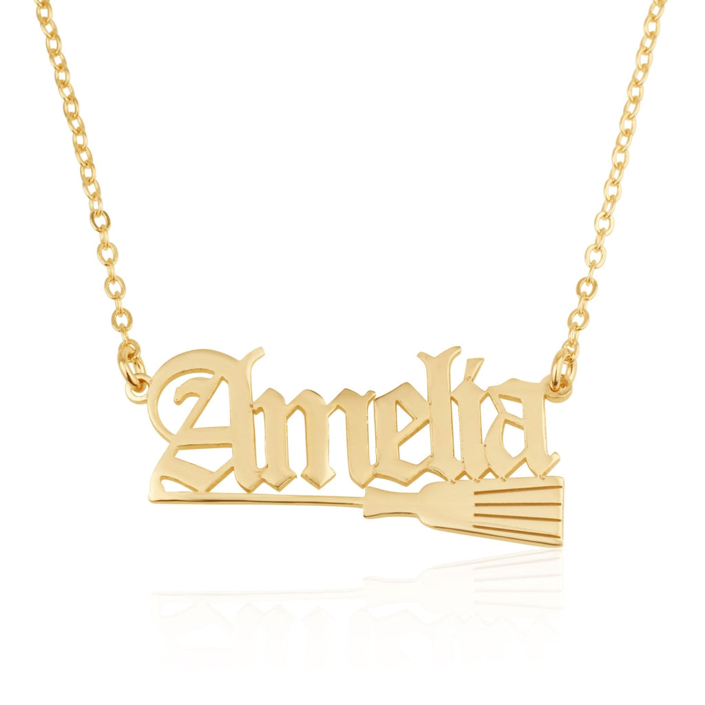 Old English Name Necklace With Broom Witch La Vie Bien Old English Name Necklace With Broom Witch