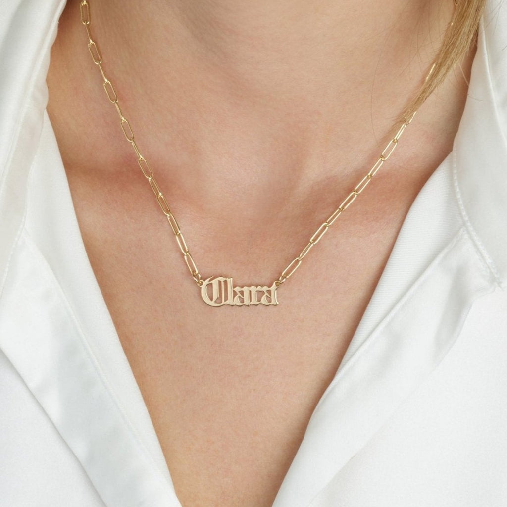 Old English Paperclip Name Necklace La Vie Bien Old English Paperclip Name Necklace