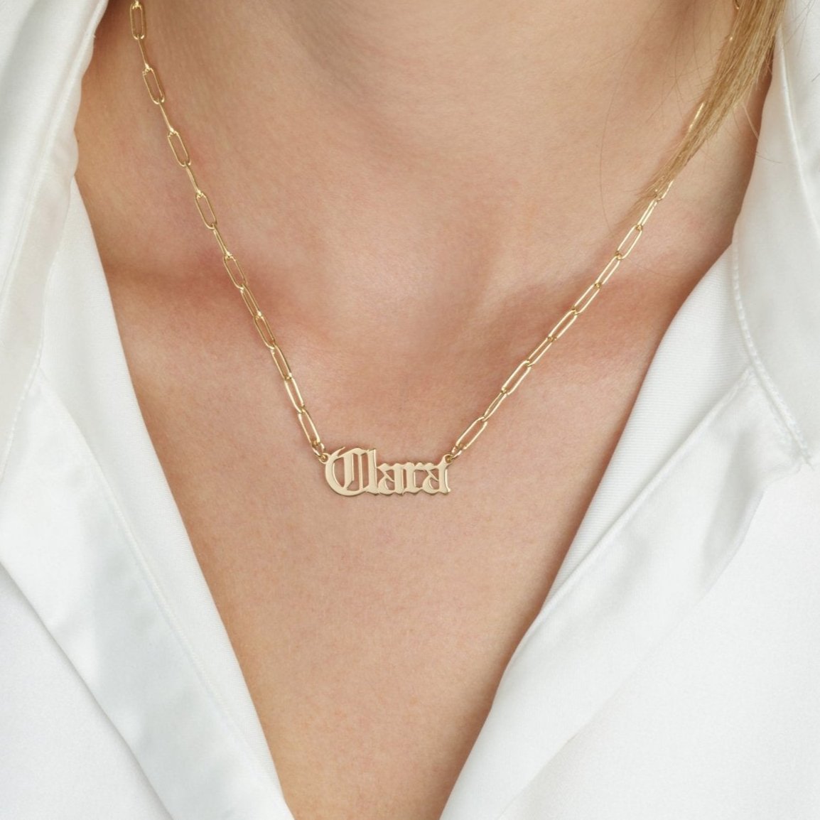 Old English Paperclip Name Necklace La Vie Bien Old English Paperclip Name Necklace