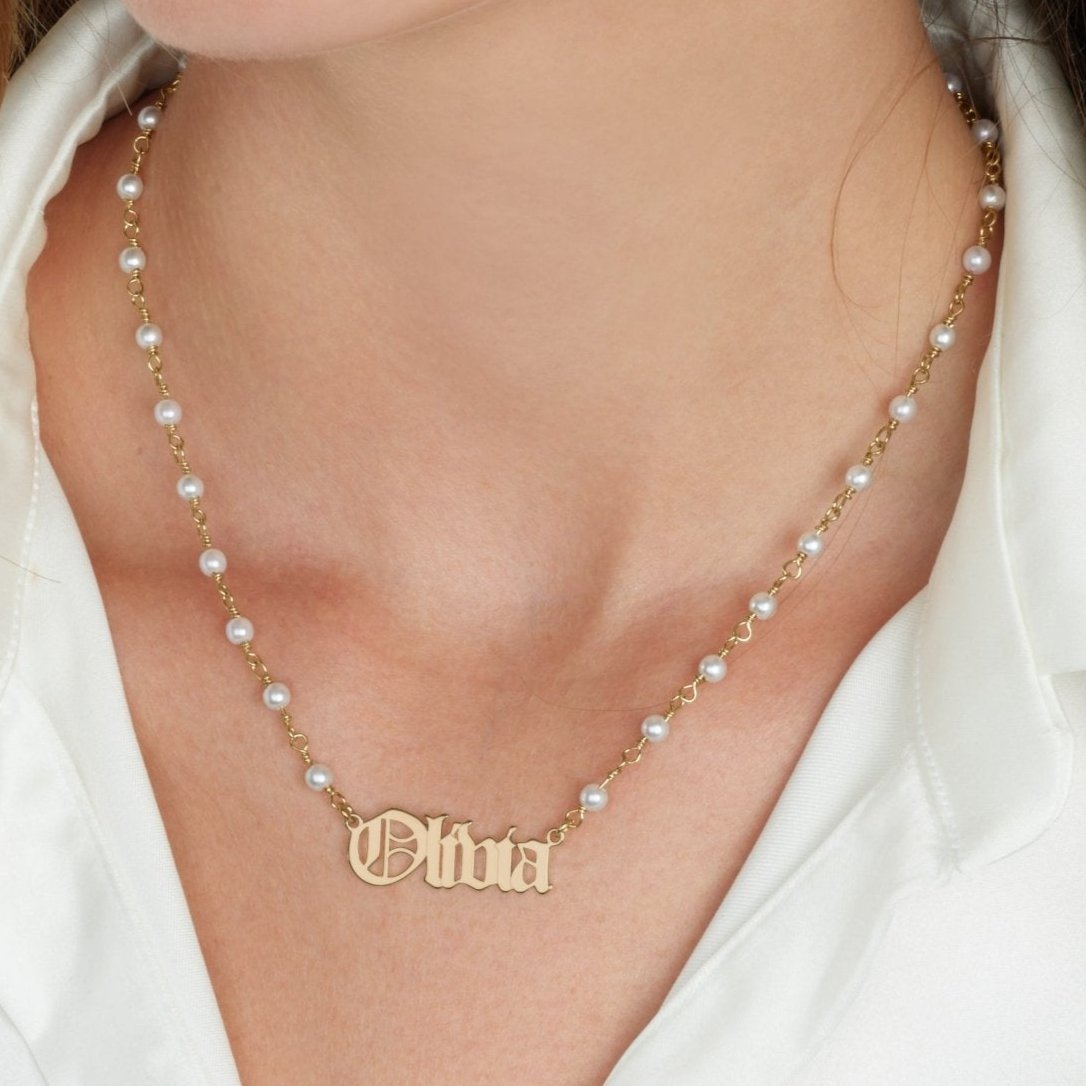 Old English Pearl Name Necklace La Vie Bien Old English Pearl Name Necklace