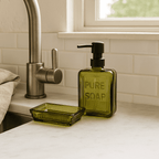 Olive Green Glass Soap Dish – Rectangular with Patterned Rim Soap Dish La Vie Bien Olive Green Glass Soap Dish – Rectangular with Patterned Rim