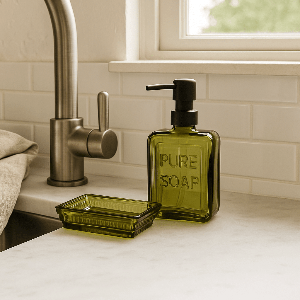Olive Green Glass Soap Dish – Rectangular with Patterned Rim Soap Dish La Vie Bien Olive Green Glass Soap Dish – Rectangular with Patterned Rim