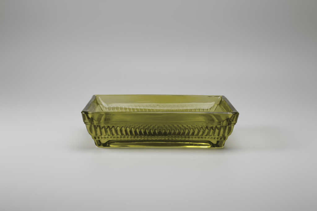 Olive Green Glass Soap Dish – Rectangular with Patterned Rim Soap Dish La Vie Bien Olive Green Glass Soap Dish – Rectangular with Patterned Rim