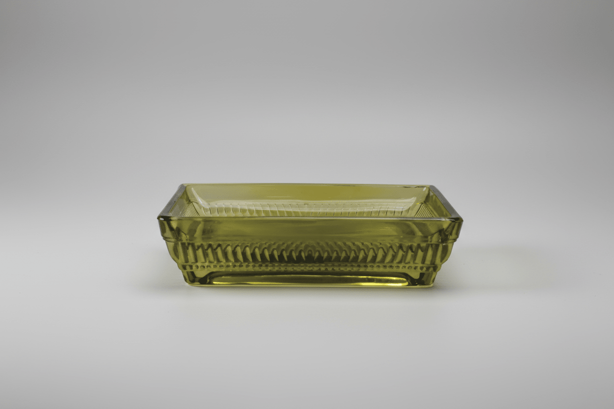 Olive Green Glass Soap Dish – Rectangular with Patterned Rim Soap Dish La Vie Bien Olive Green Glass Soap Dish – Rectangular with Patterned Rim