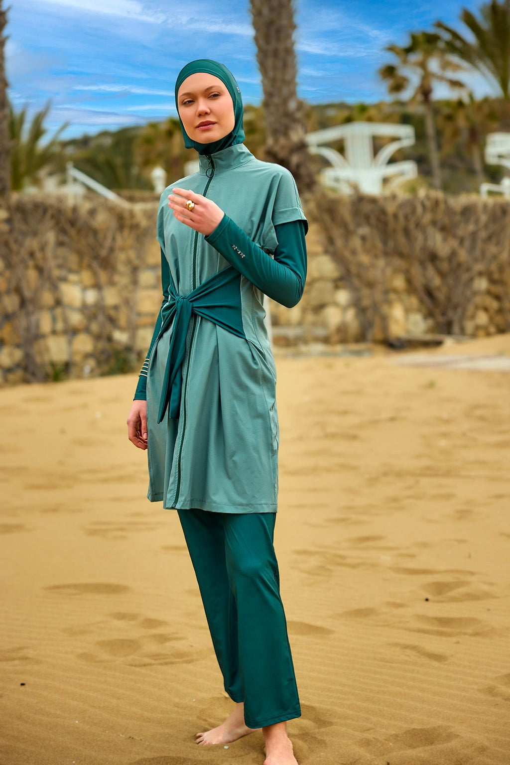 Olive Modest Burkini Set – High Collar Full Coverage Swimwear M2523-1 Covered Burkini Swimwear La Vie Bien Olive Modest Burkini Set – High Collar Full Coverage Swimwear M2523-1