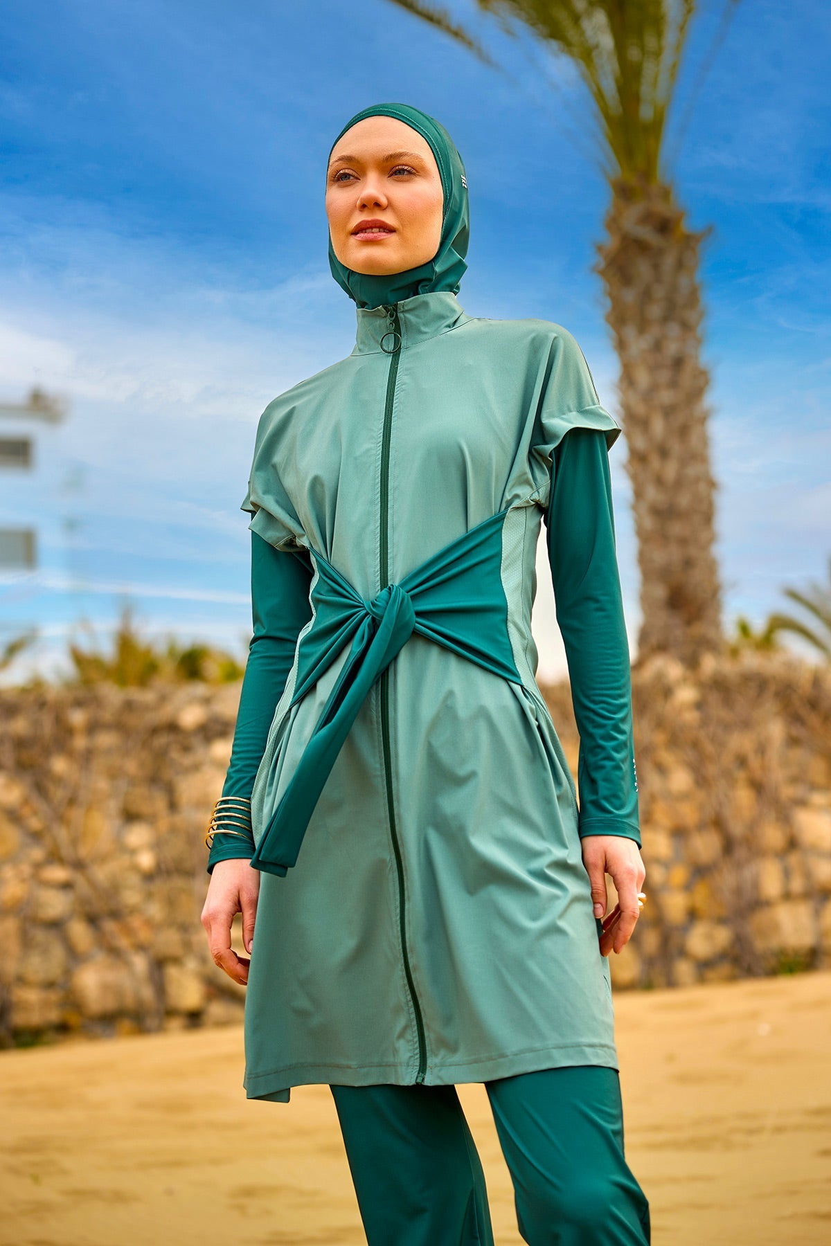 Olive Modest Burkini Set – High Collar Full Coverage Swimwear M2523-1 Covered Burkini Swimwear La Vie Bien Olive Modest Burkini Set – High Collar Full Coverage Swimwear M2523-1