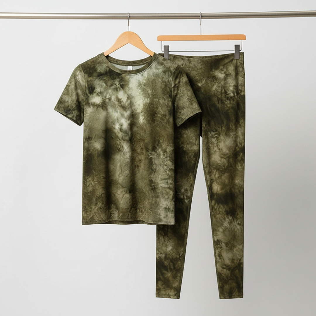 Tie Dye Round Neck Short Sleeve Top and Leggings Set [Available in Black or Olive] - One Size S/M