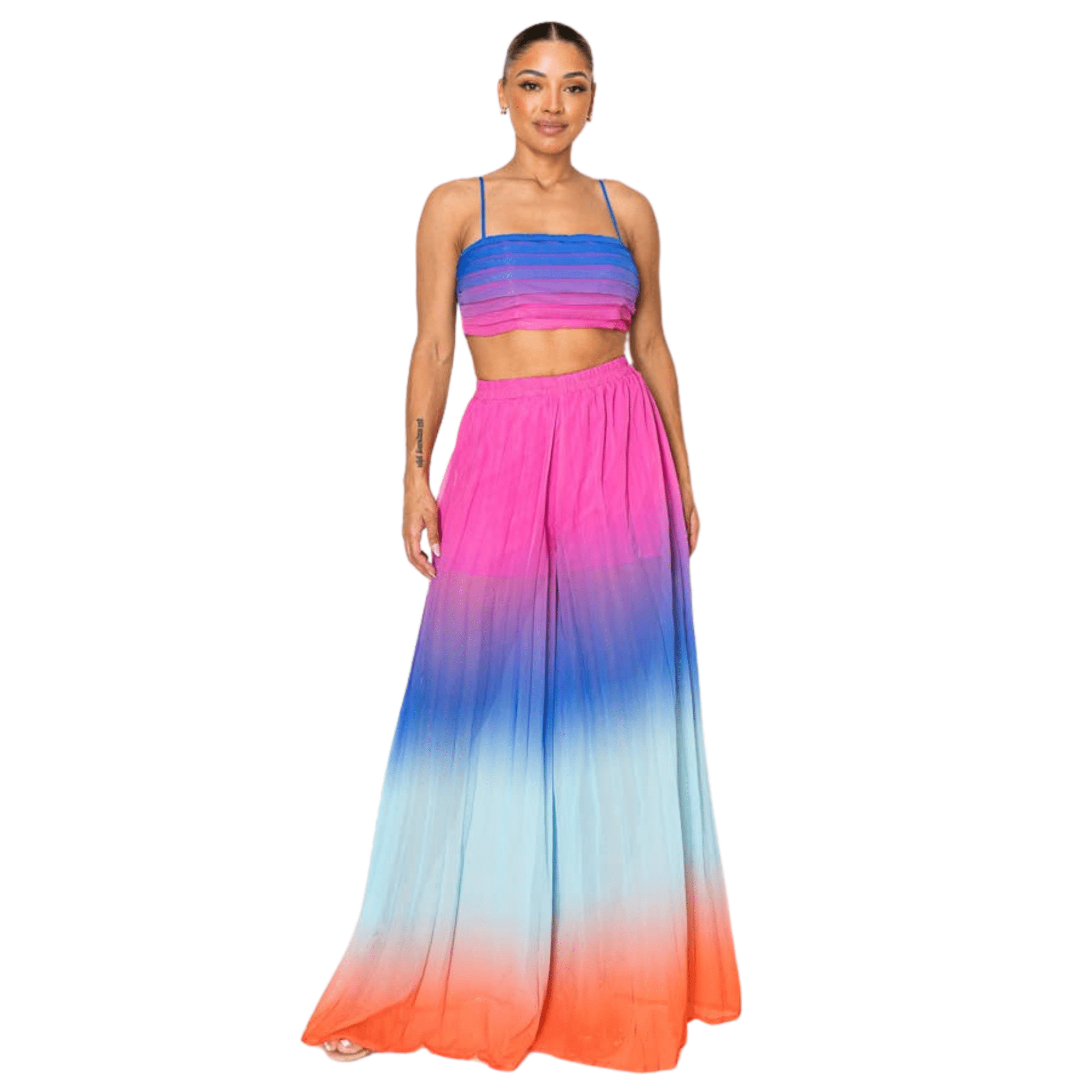Ombre Pleated Bra Top & Wide Leg Pants Set | Rainbow Summer Beach Pool Attire