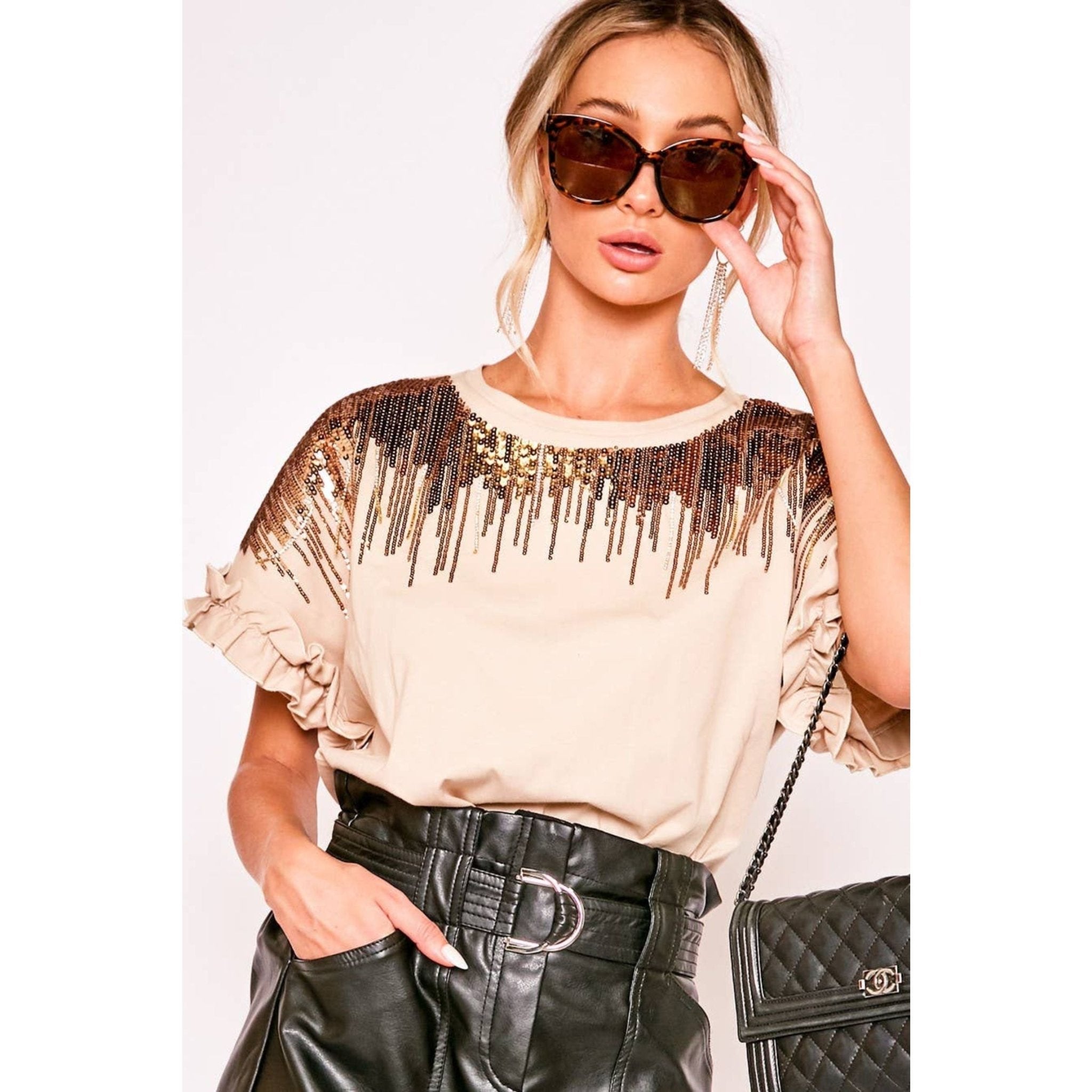 Ombre Sequin & Rhinestone Cotton Knit Top With Ruffle [Available in Sizes SM - L]