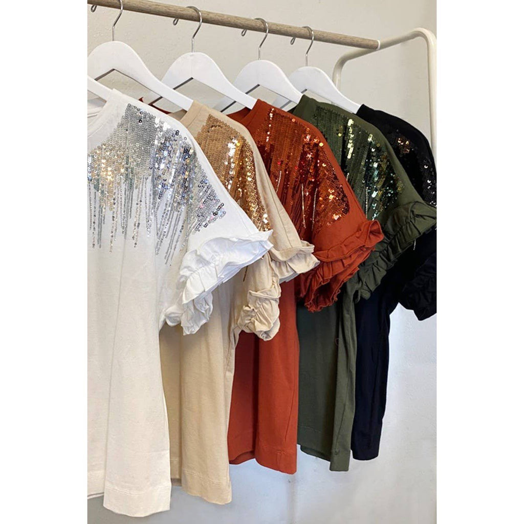 Ombre Sequin & Rhinestone Cotton Knit Top With Ruffle [Available in Sizes SM - L]