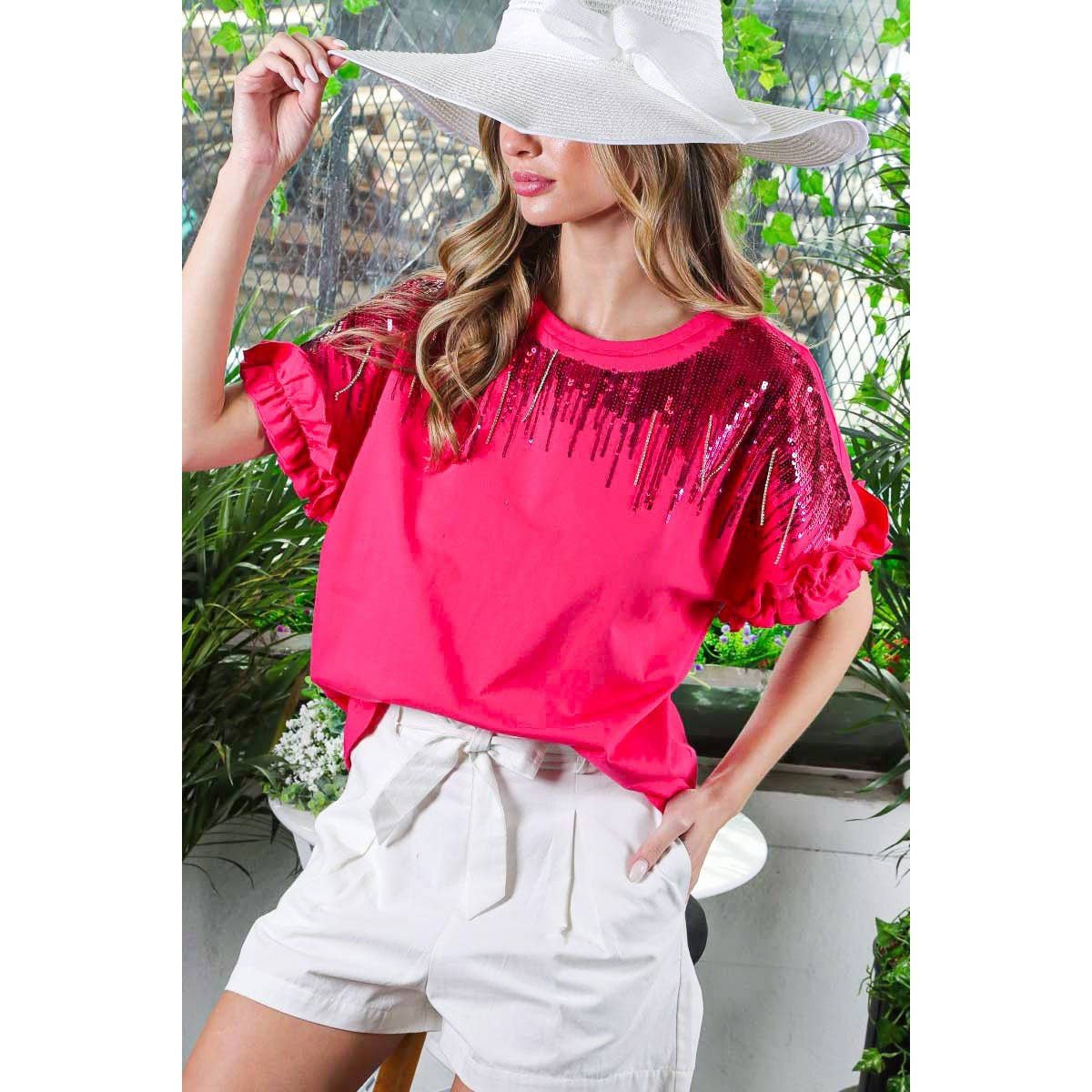 Ombre Sequin & Rhinestone Cotton Knit Top With Ruffle [Available in Sizes SM - L]