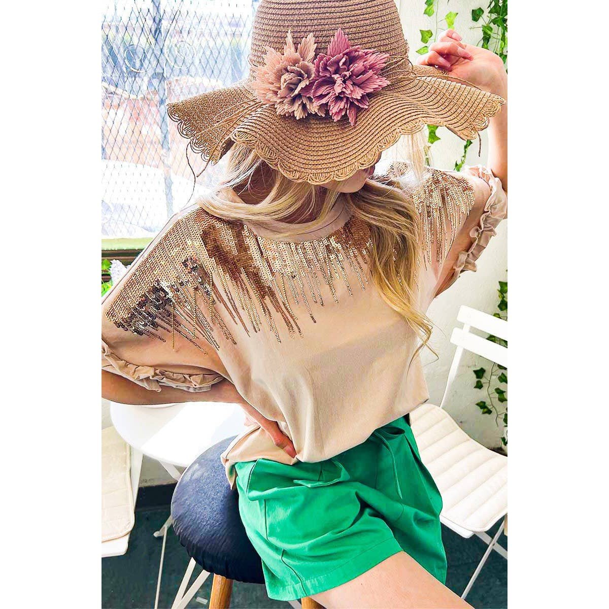 Ombre Sequin & Rhinestone Cotton Knit Top With Ruffle [Available in Sizes SM - L]