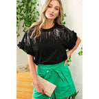 Ombre Sequin & Rhinestone Cotton Knit Top With Ruffle [Available in Sizes SM-L] by The Bullish Store