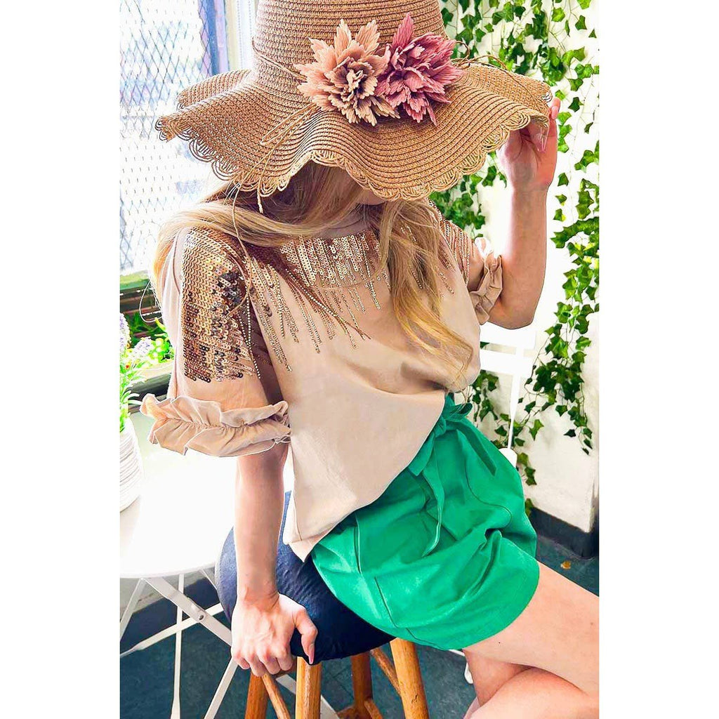 Ombre Sequin & Rhinestone Cotton Knit Top With Ruffle [Available in Sizes SM - L]