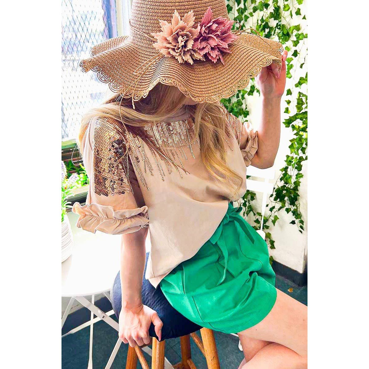 Ombre Sequin & Rhinestone Cotton Knit Top With Ruffle [Available in Sizes SM - L]