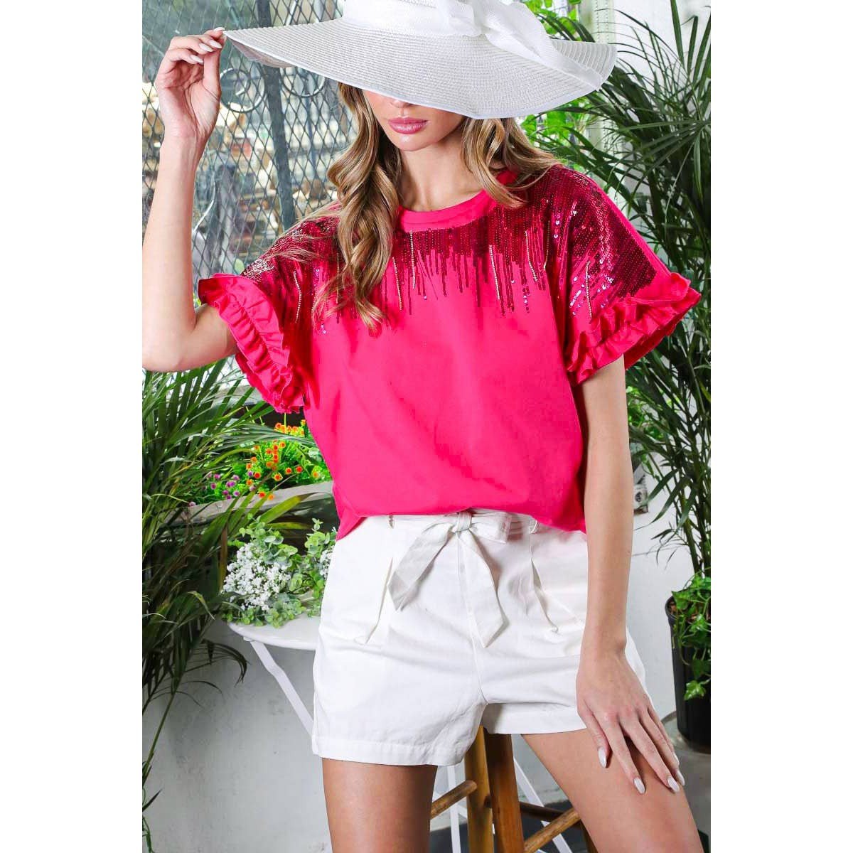 Ombre Sequin & Rhinestone Cotton Knit Top With Ruffle [Available in Sizes SM - L]