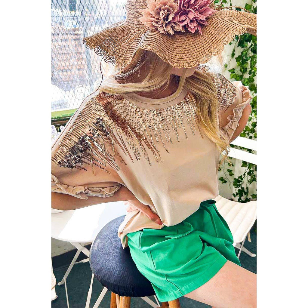 Ombre Sequin & Rhinestone Cotton Knit Top With Ruffle [Available in Sizes SM - L]