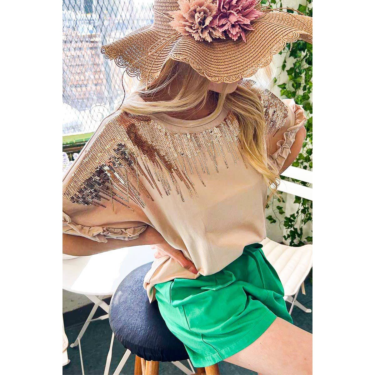 Ombre Sequin & Rhinestone Cotton Knit Top With Ruffle [Available in Sizes SM - L]