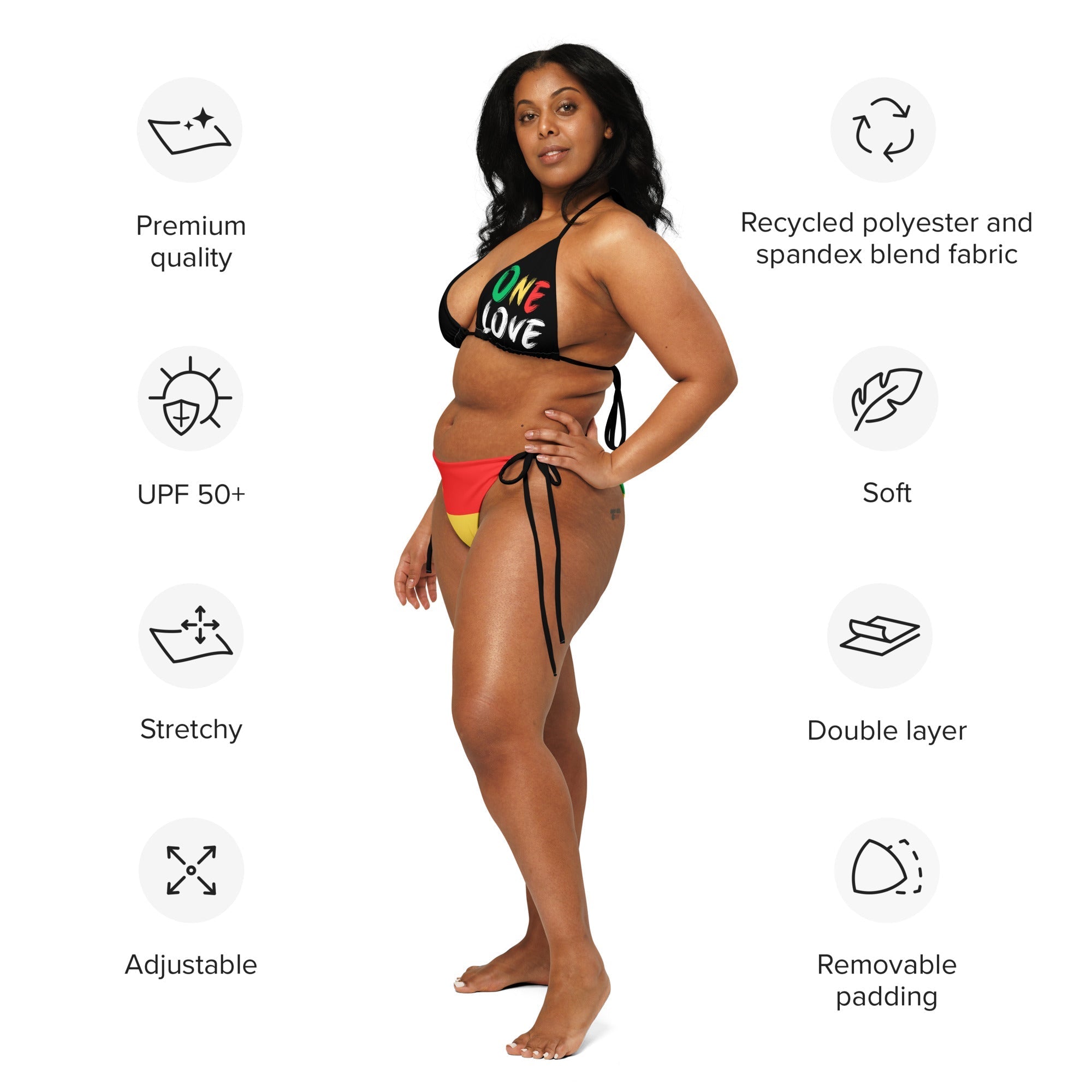 One Love Reggae All Over Print Recycled String Bikini All - Over Print Recycled String Bikini La Vie Bien One Love Reggae All Over Print Recycled String Bikini