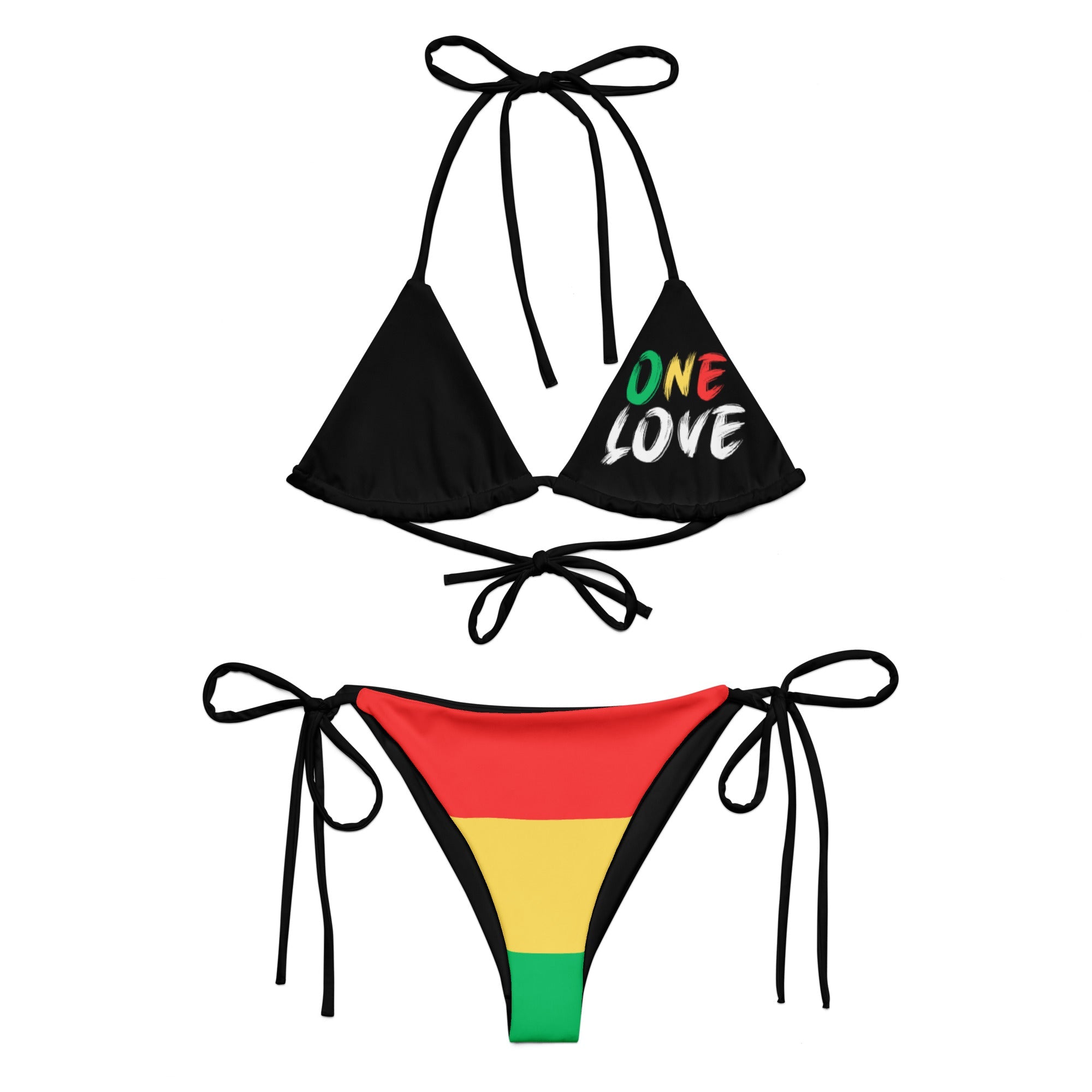 One Love Reggae All Over Print Recycled String Bikini All - Over Print Recycled String Bikini La Vie Bien One Love Reggae All Over Print Recycled String Bikini