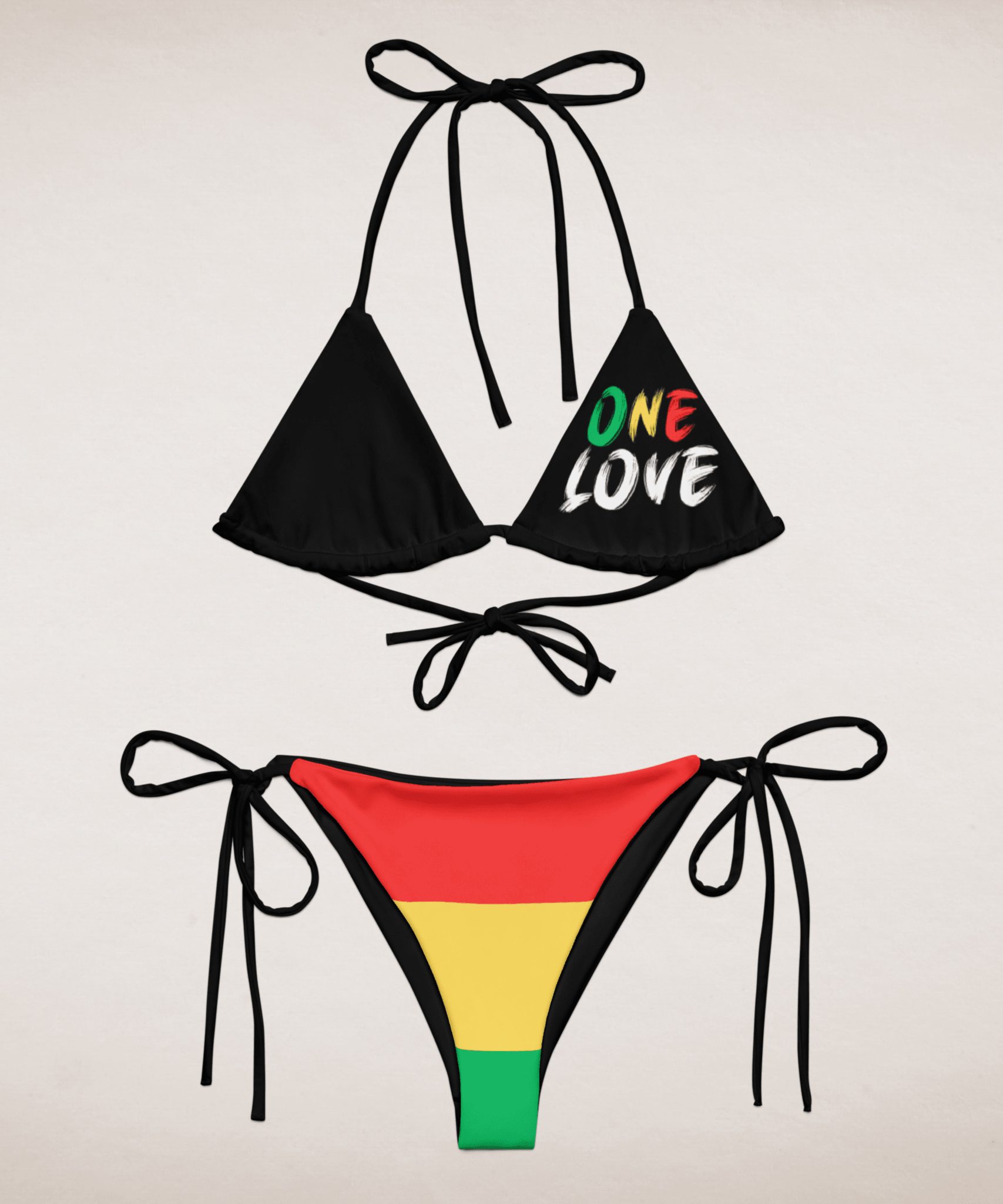 One Love Reggae All Over Print Recycled String Bikini All - Over Print Recycled String Bikini La Vie Bien One Love Reggae All Over Print Recycled String Bikini