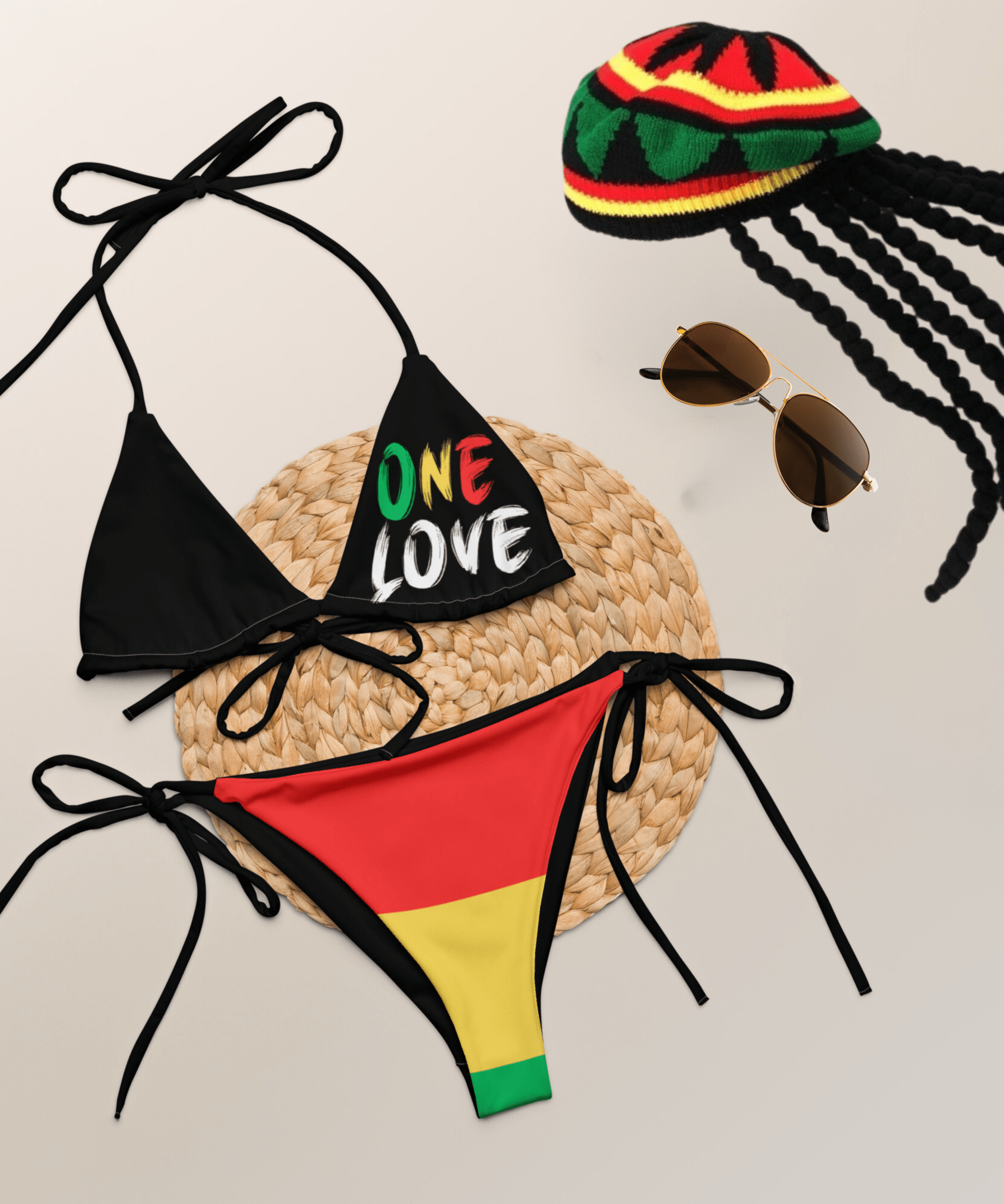 One Love Reggae All Over Print Recycled String Bikini All - Over Print Recycled String Bikini La Vie Bien One Love Reggae All Over Print Recycled String Bikini