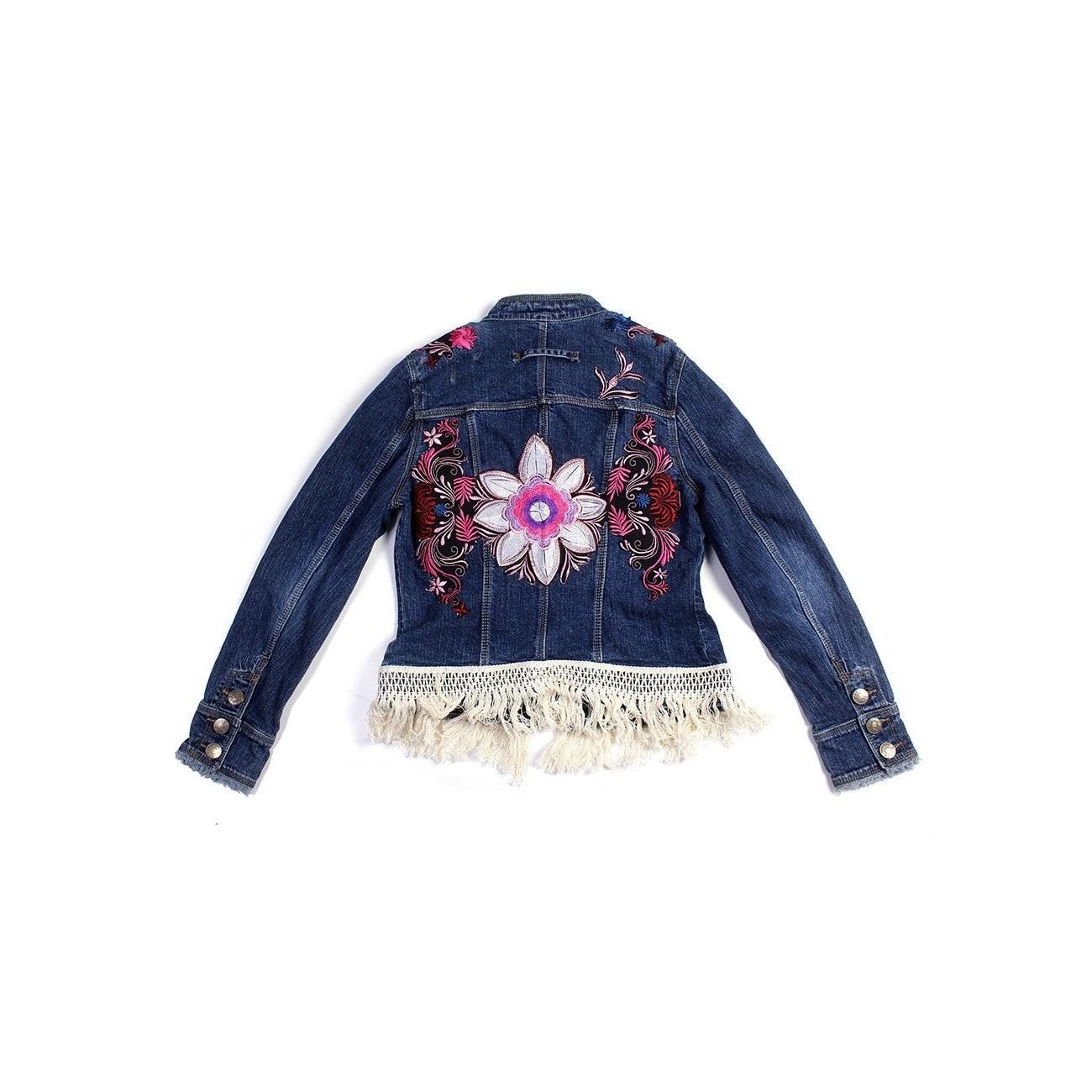 One - of - a - Kind Embroidered Tween Flower Denim Fringe Jacket - Thailand Apparel La Vie Bien One - of - a - Kind Embroidered Tween Flower Denim Fringe Jacket - Thailand