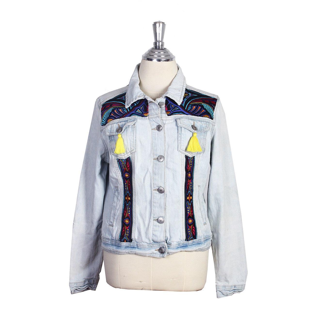 One - of - a - Kind Embroidered Tween Flower Denim Fringe Jacket - Thailand Apparel La Vie Bien One - of - a - Kind Embroidered Tween Flower Denim Fringe Jacket - Thailand