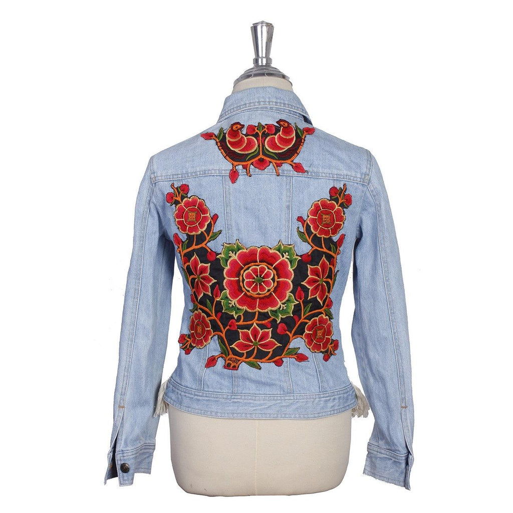One - of - a - Kind Embroidered Tween Flower Denim Fringe Jacket - Thailand Apparel La Vie Bien One - of - a - Kind Embroidered Tween Flower Denim Fringe Jacket - Thailand