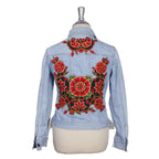 One - of - a - Kind Embroidered Tween Flower Denim Fringe Jacket - Thailand Apparel La Vie Bien One - of - a - Kind Embroidered Tween Flower Denim Fringe Jacket - Thailand