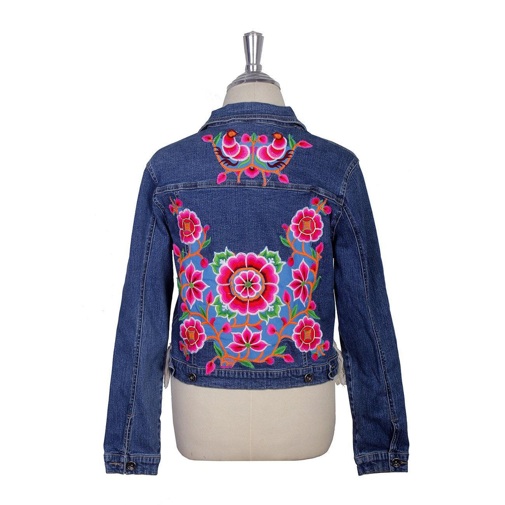 One - of - a - Kind Embroidered Tween Flower Denim Fringe Jacket - Thailand Apparel La Vie Bien One - of - a - Kind Embroidered Tween Flower Denim Fringe Jacket - Thailand