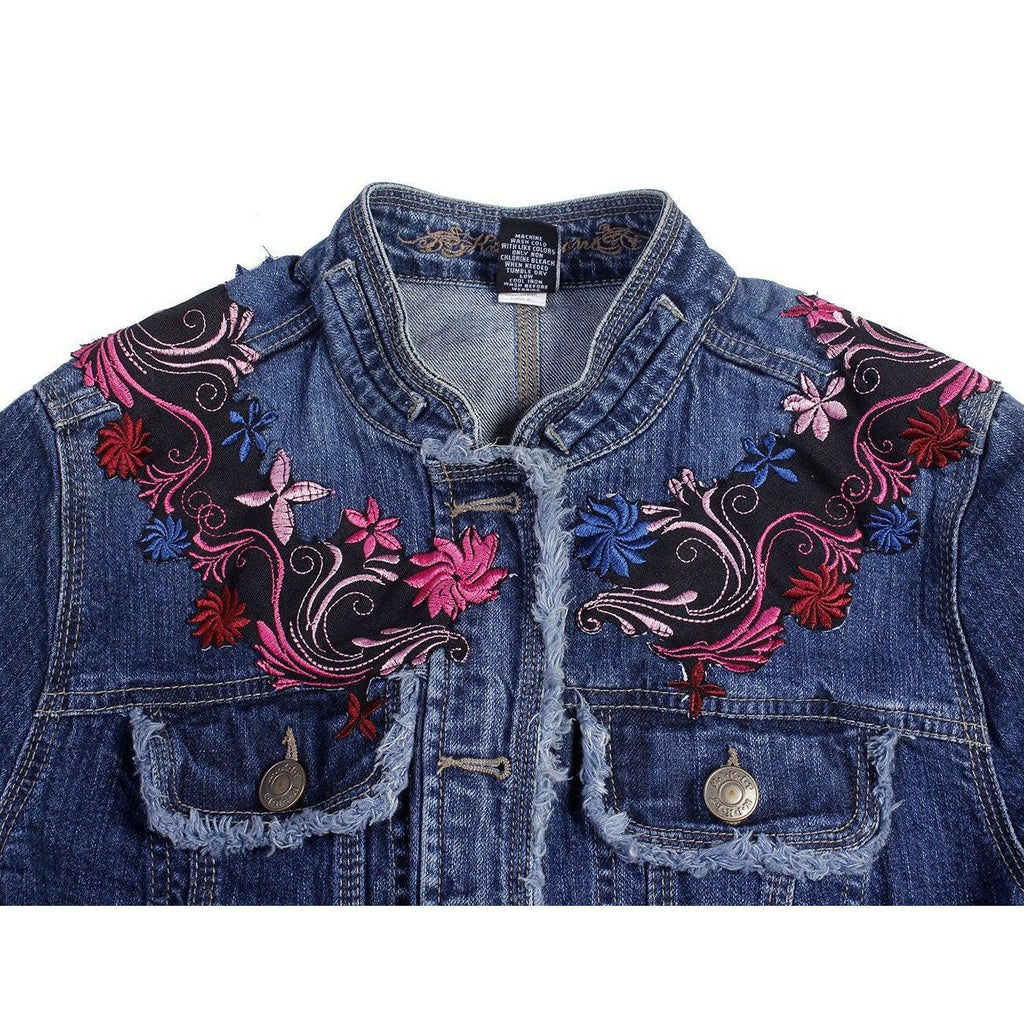 One - of - a - Kind Embroidered Tween Flower Denim Fringe Jacket - Thailand Apparel La Vie Bien One - of - a - Kind Embroidered Tween Flower Denim Fringe Jacket - Thailand