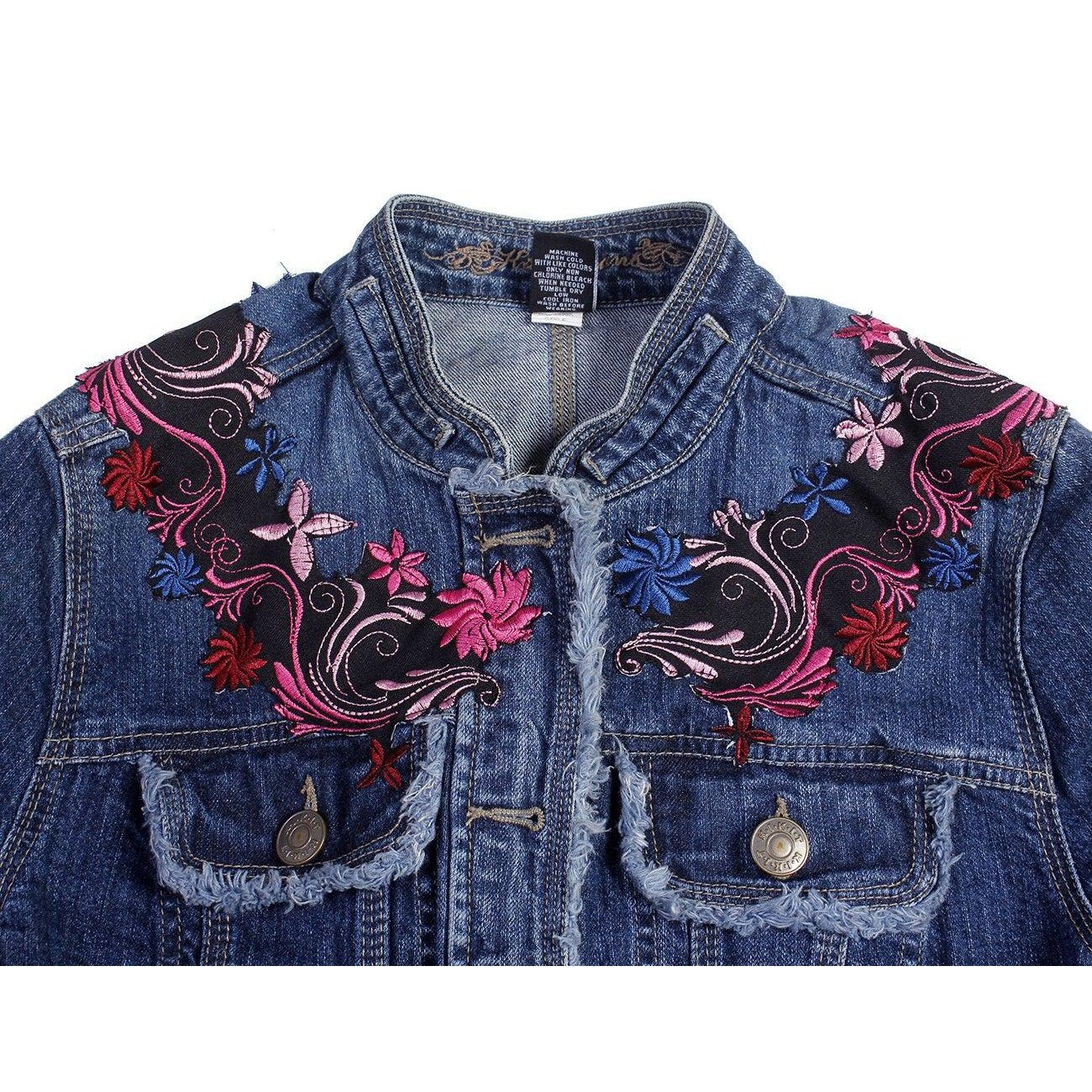 One - of - a - Kind Embroidered Tween Flower Denim Fringe Jacket - Thailand Apparel La Vie Bien One - of - a - Kind Embroidered Tween Flower Denim Fringe Jacket - Thailand