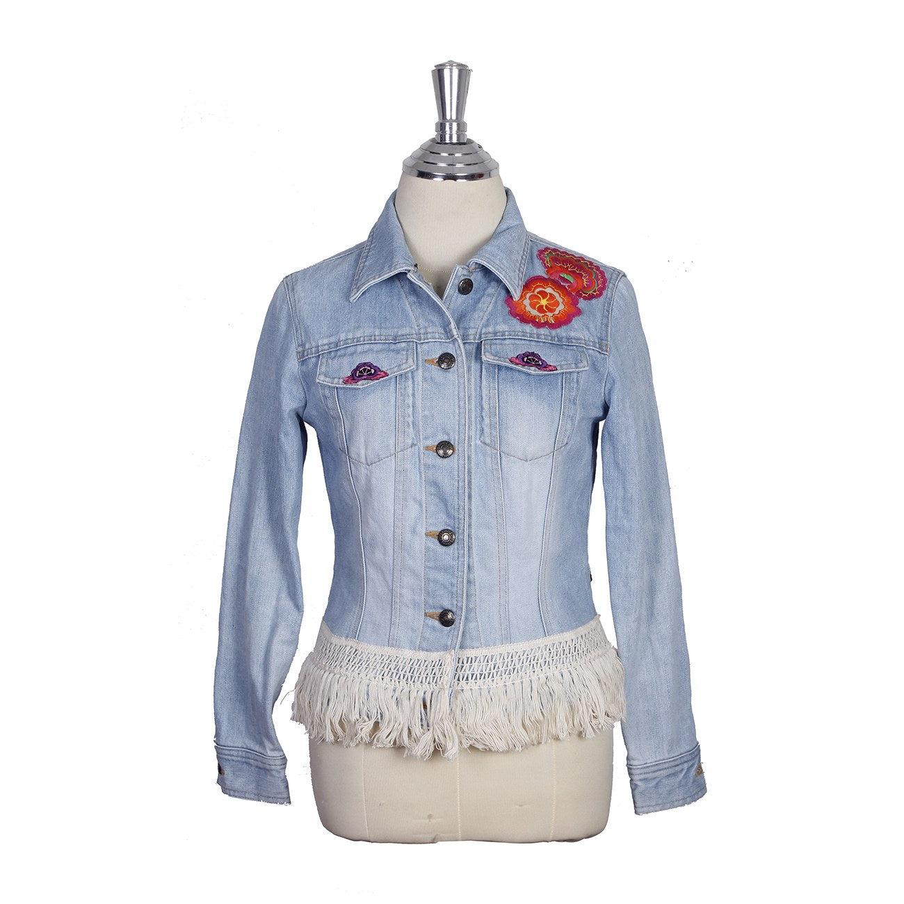 One - of - a - Kind Embroidered Tween Flower Denim Fringe Jacket - Thailand Apparel La Vie Bien One - of - a - Kind Embroidered Tween Flower Denim Fringe Jacket - Thailand